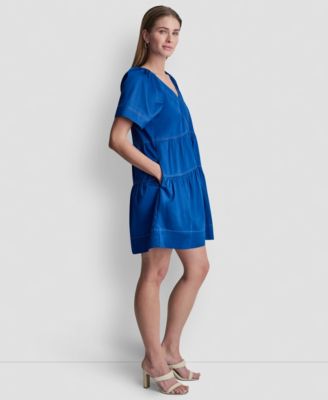 Women's V-Neck Contrast-Stitch Mini Dress
