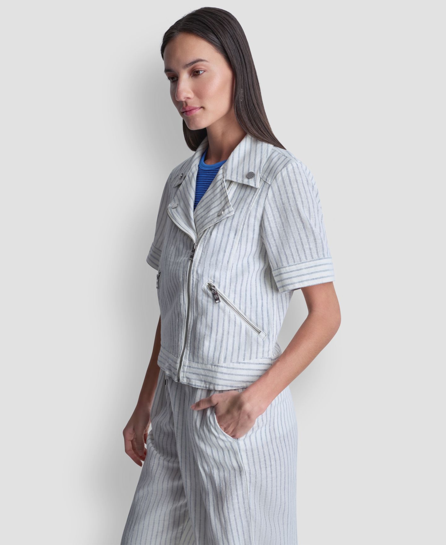 Женская куртка DKNY Striped Collared Neck, цвет: Слоновая кость / Тёмно-синий — фото 3