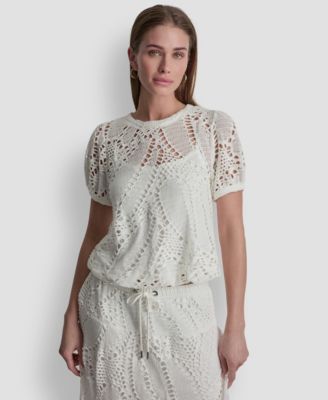 Women's Leaf Crochet Short-Sleeve Top