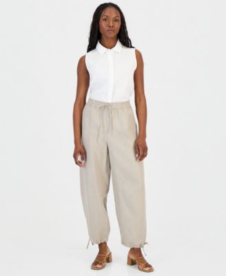Petite Drawstring-Waist Barrel-Leg Linen Pants
