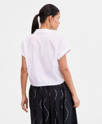 Women's Short-Sleeve Rhinestone Embellished Tie Waist Blouse