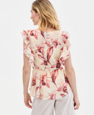 Women's Printed Ruffle-Sleeve Peplum Blouse