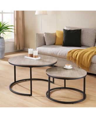  Round Nesting Coffee Table Set, 31.5" Gray Wash Oak & Metal, Industrial Accent Tables.