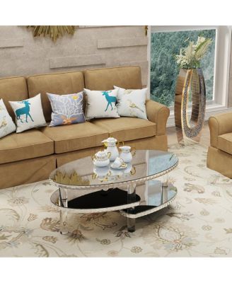 Mirrored Glass Crystal Oval Coffee Table with Acrylic Legs