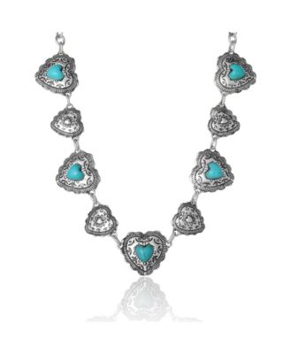 JS Turquoise Concho Statement Necklace Antique Silver Tone