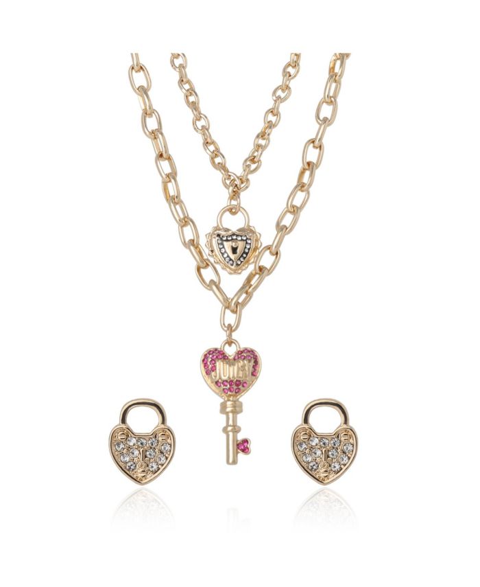 Juicy Couture Key Charm Layered Necklace and Lock Earring Set
