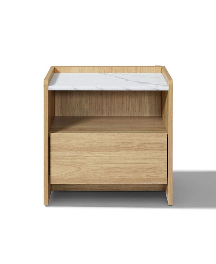 LuxenHome Hazel Oak Nightstand & End Table with Storage, Raised Sides, Faux Marble Top, Durable Manufactured Wood - Brown