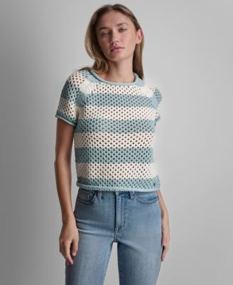Petite Short-Sleeve Raglan Stripe Crewneck Pointelle Sweater