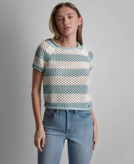 Petite Short-Sleeve Raglan Stripe Crewneck Pointelle Sweater - Mineral/Eggnog