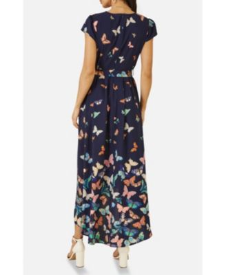 Women's Butterfly Print Dip Hem Midi Wrap Dress