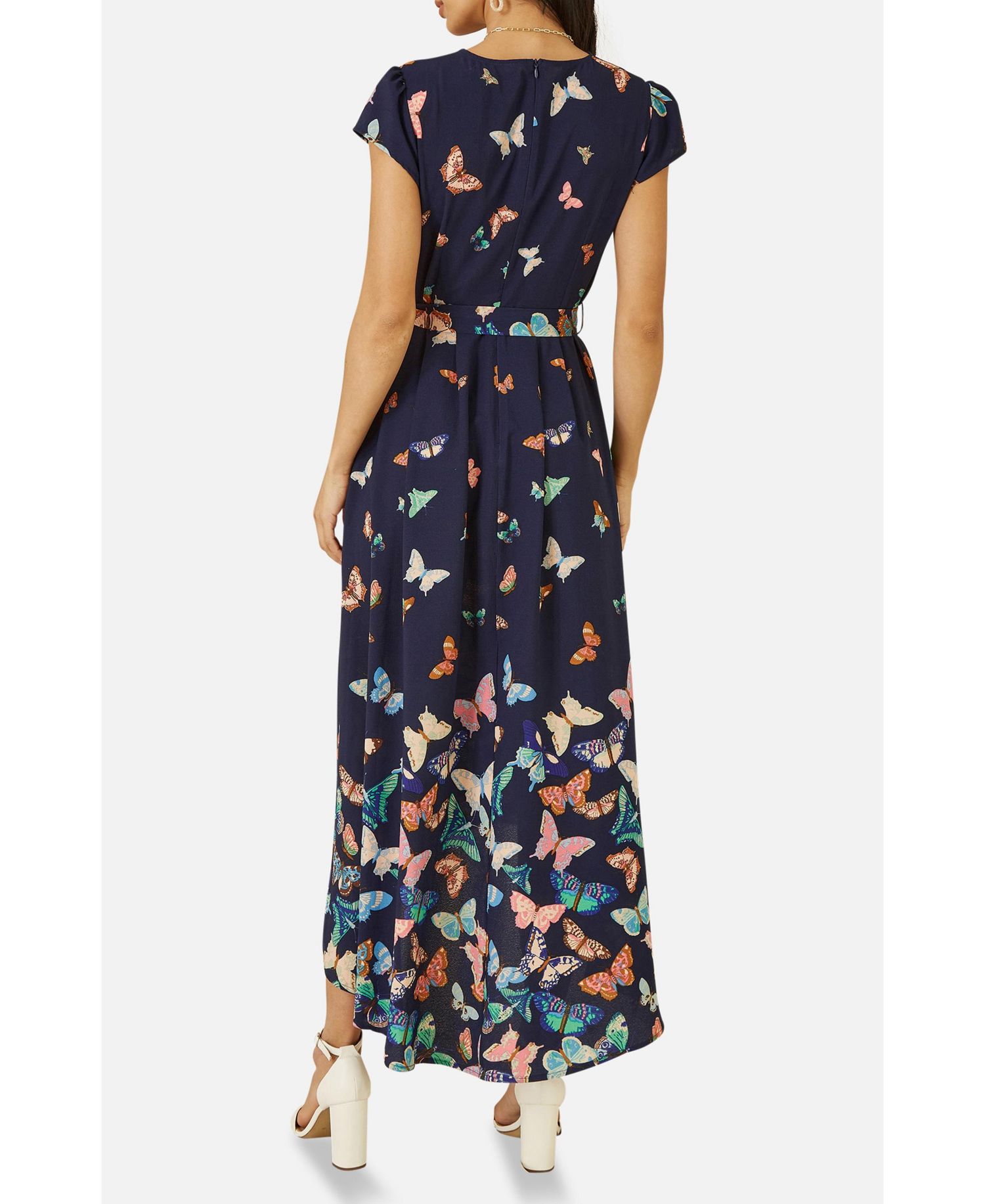 Women's Butterfly Print Dip Hem Midi Wrap Dress