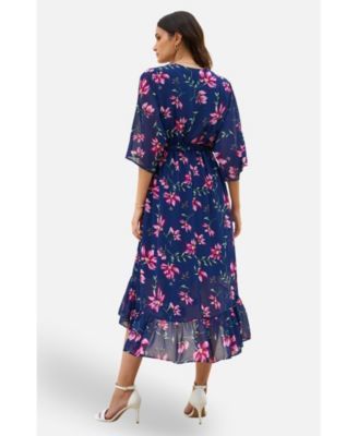 Women's Floral Kimono Wrap Dipped Hem Midi Dress