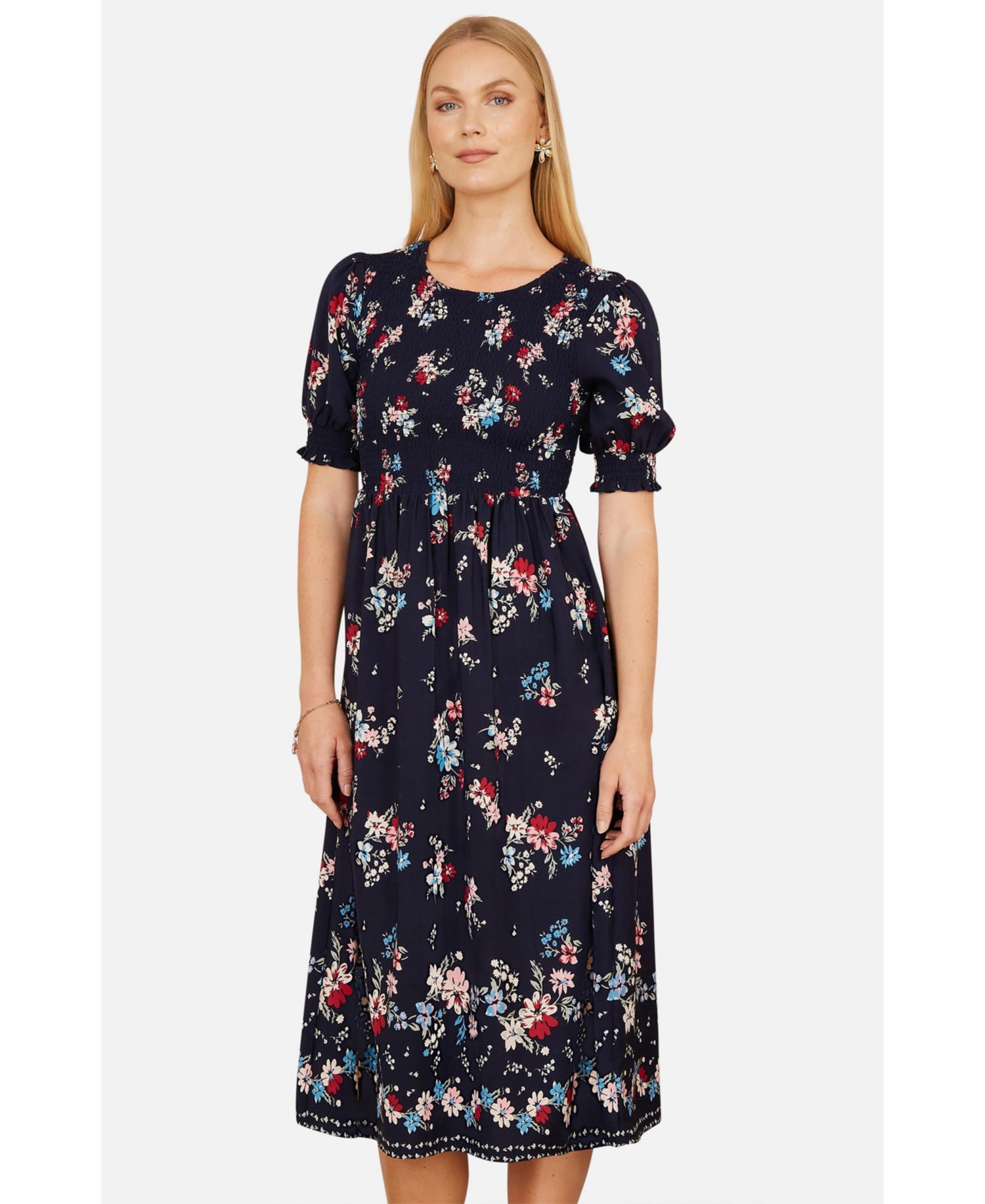 Women's Smocked Bodice Floral Ruched Midi Dress
