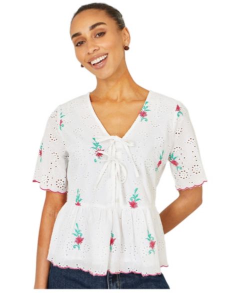 Женский топ Yumi Broderie Anglaise Embroidered Tie, цвет: Белый