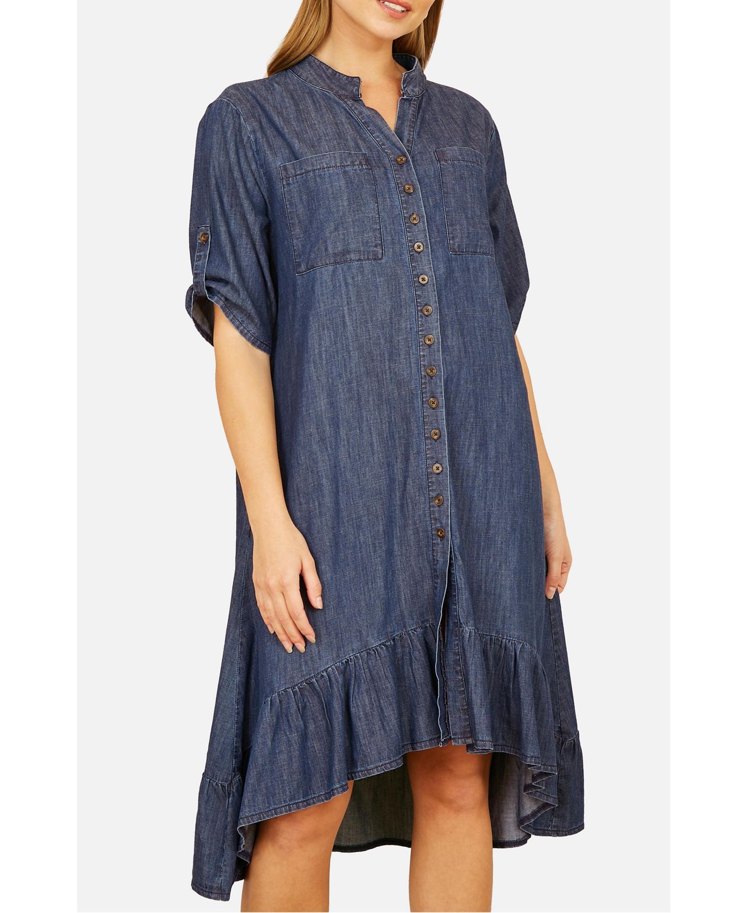 Women's Denim Dip Hem Relaxed Fit Shirt Dress