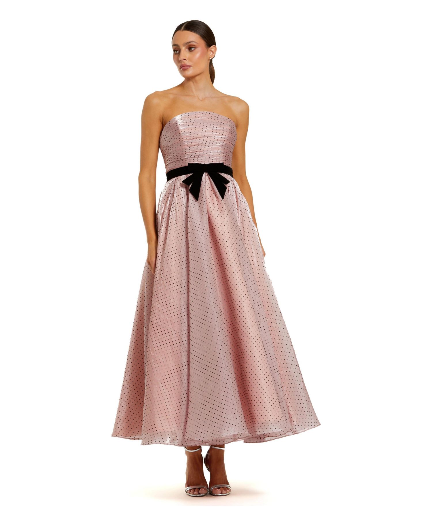Women's Polka Dot Organza Strapless Dress With Bow