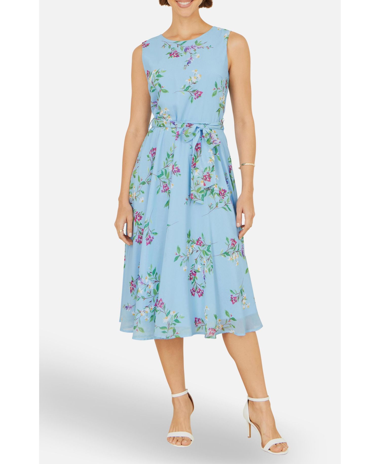 Women's Sleeveless Tie Waist Printed Midi Dress