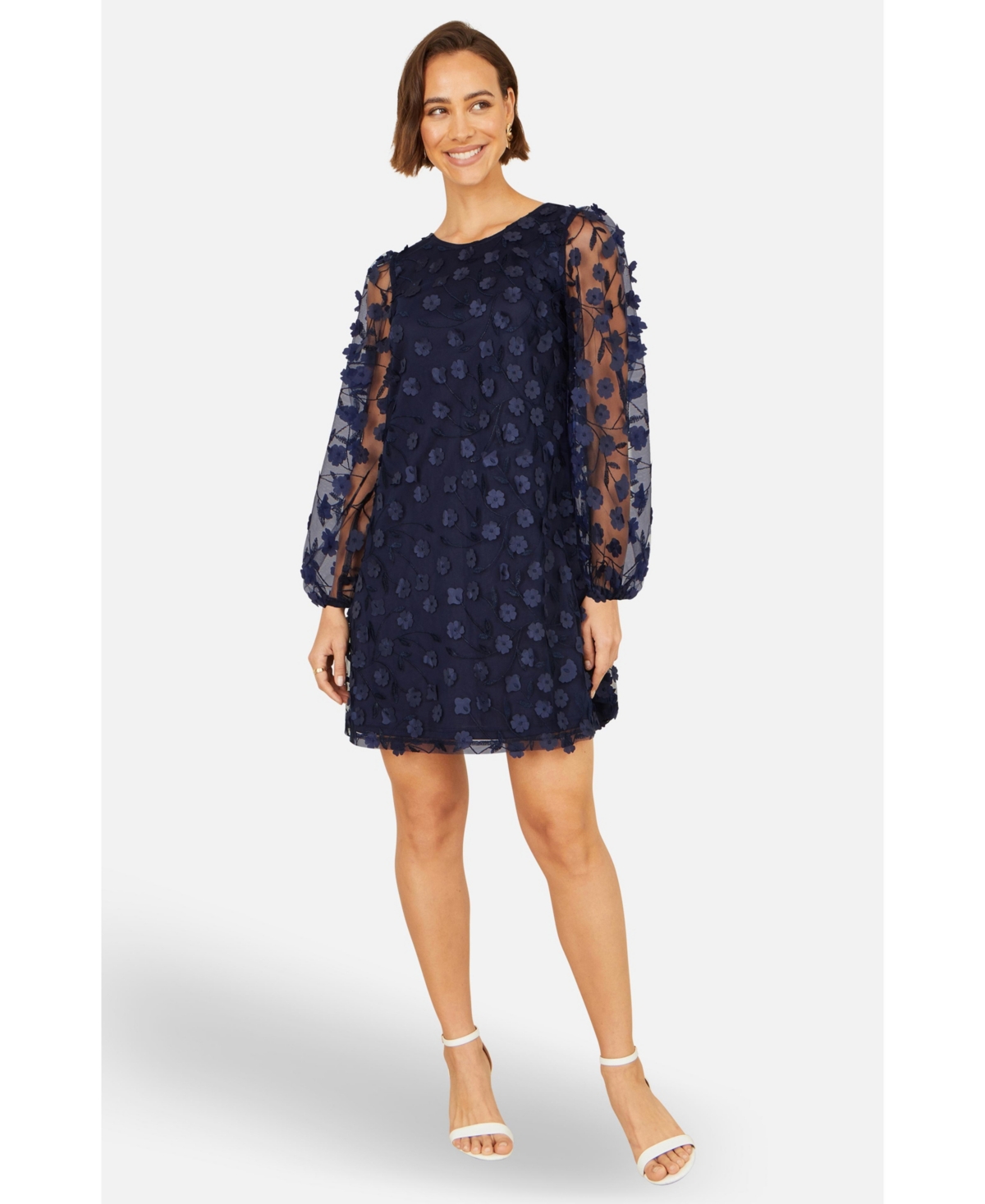 Yumi Women's Long Sleeve Floral Applique Tunic Dress