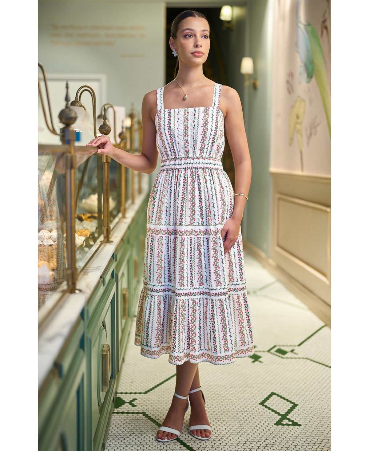 Yumi Women's Botanical Stripe Lace Trim Midi Dress