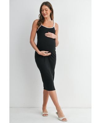 Maternity Ribbed Bodycon Midi Dress with Double Straps and Side Slit
