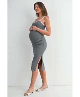 Maternity Ribbed Bodycon Midi Dress with Double Straps and Side Slit
