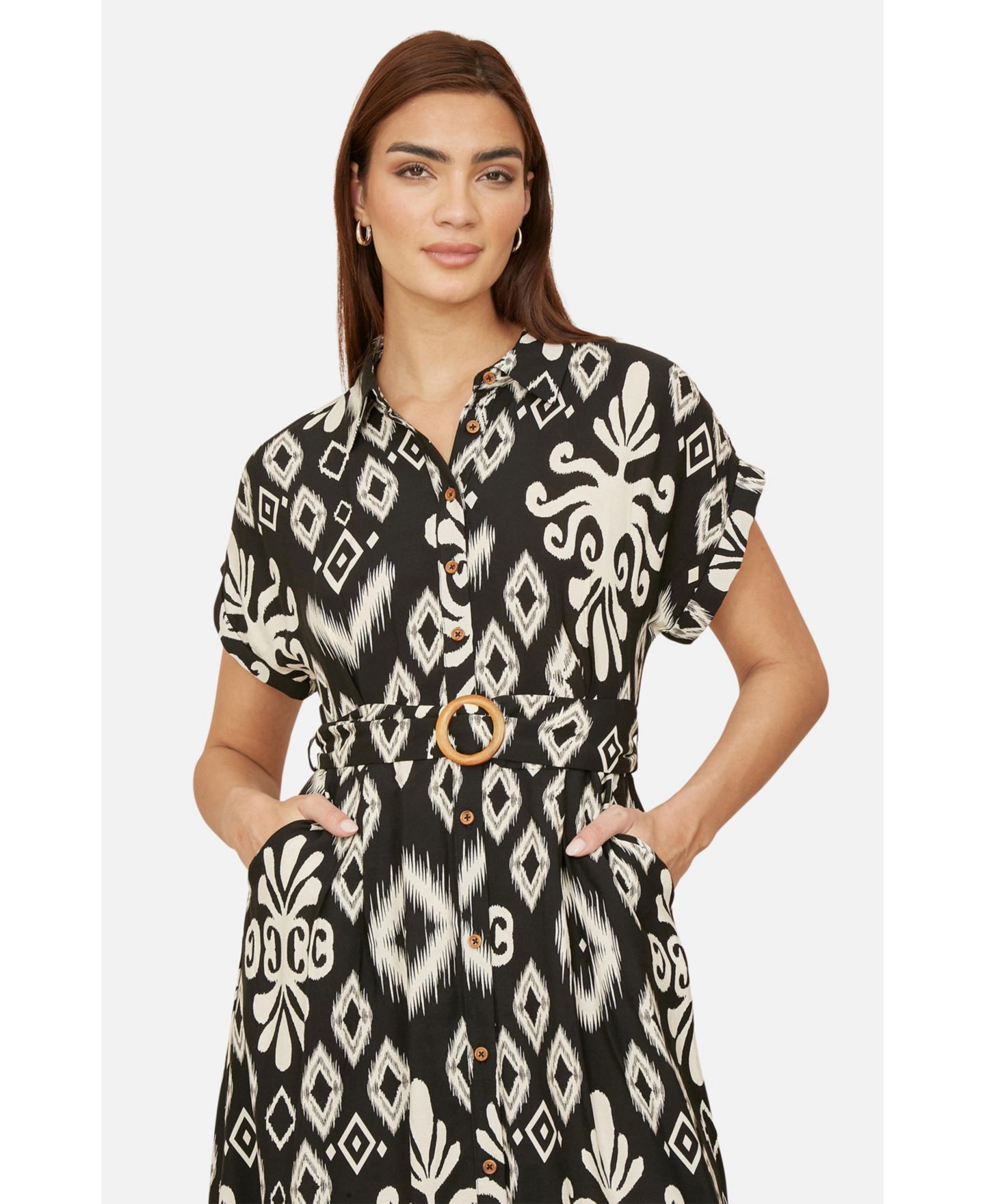 Женское платье Yumi Geo Print Relaxed Midi Shirt Dress, цвет: Чёрный — фото 2