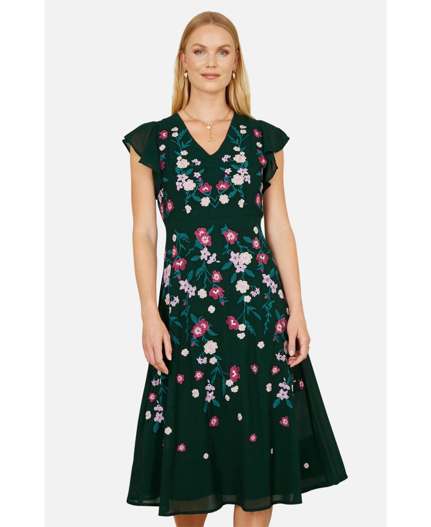 Women's Floral Embroidered V-Neck Midi Dress