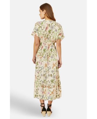 Women's Floral Print Ruched Waist Midi Dress