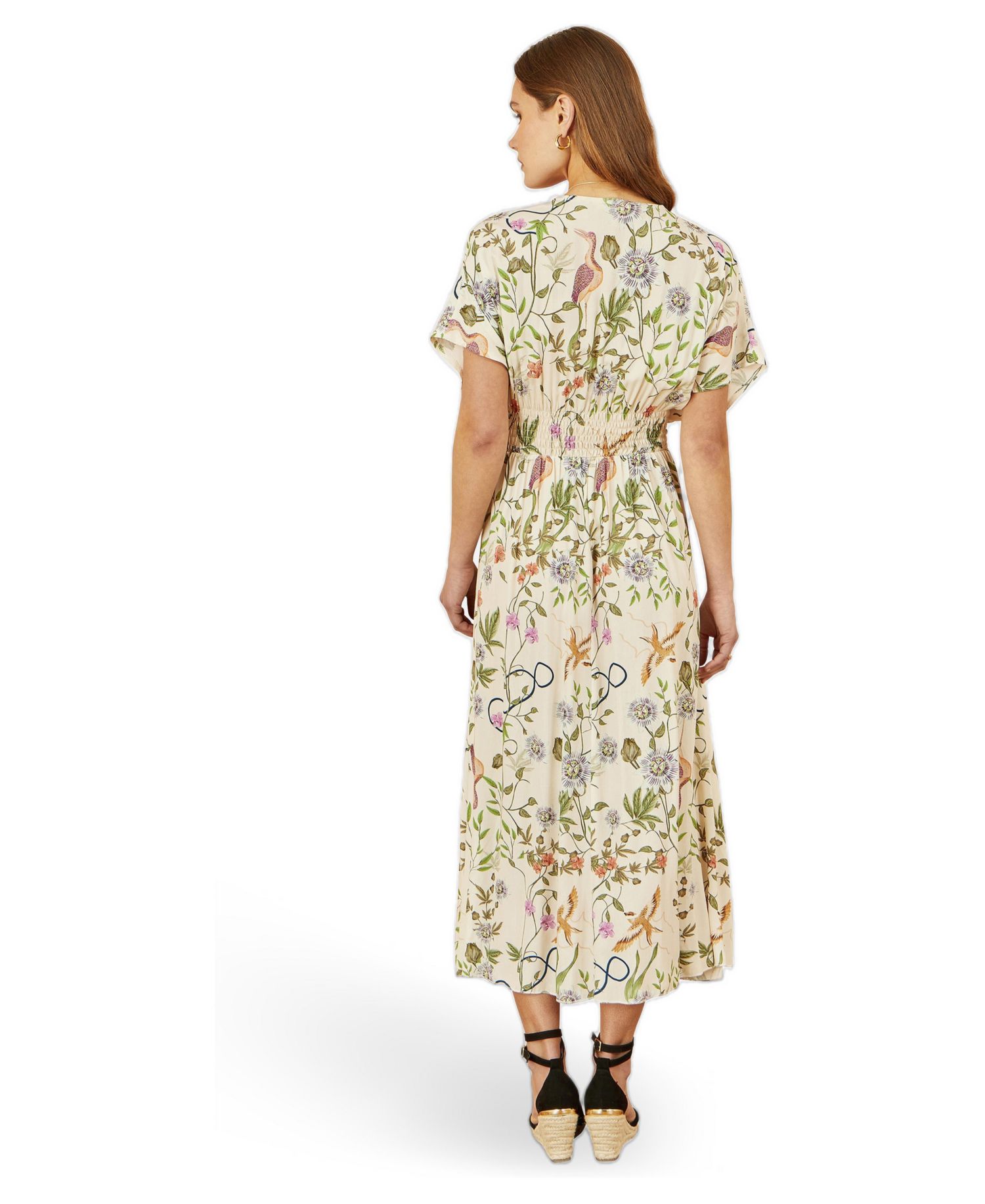 Women's Floral Print Ruched Waist Midi Dress
