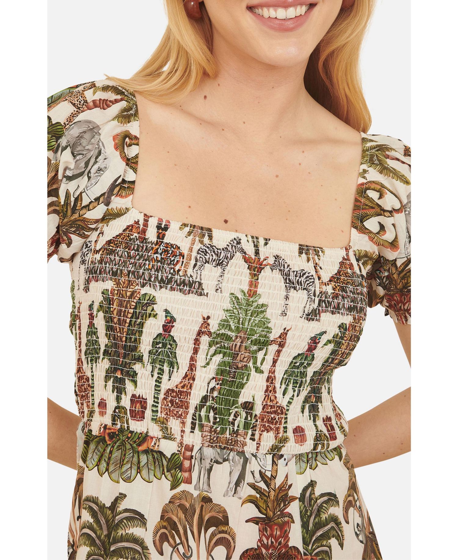 Women's Cotton Safari Print Ruched Midi Dress