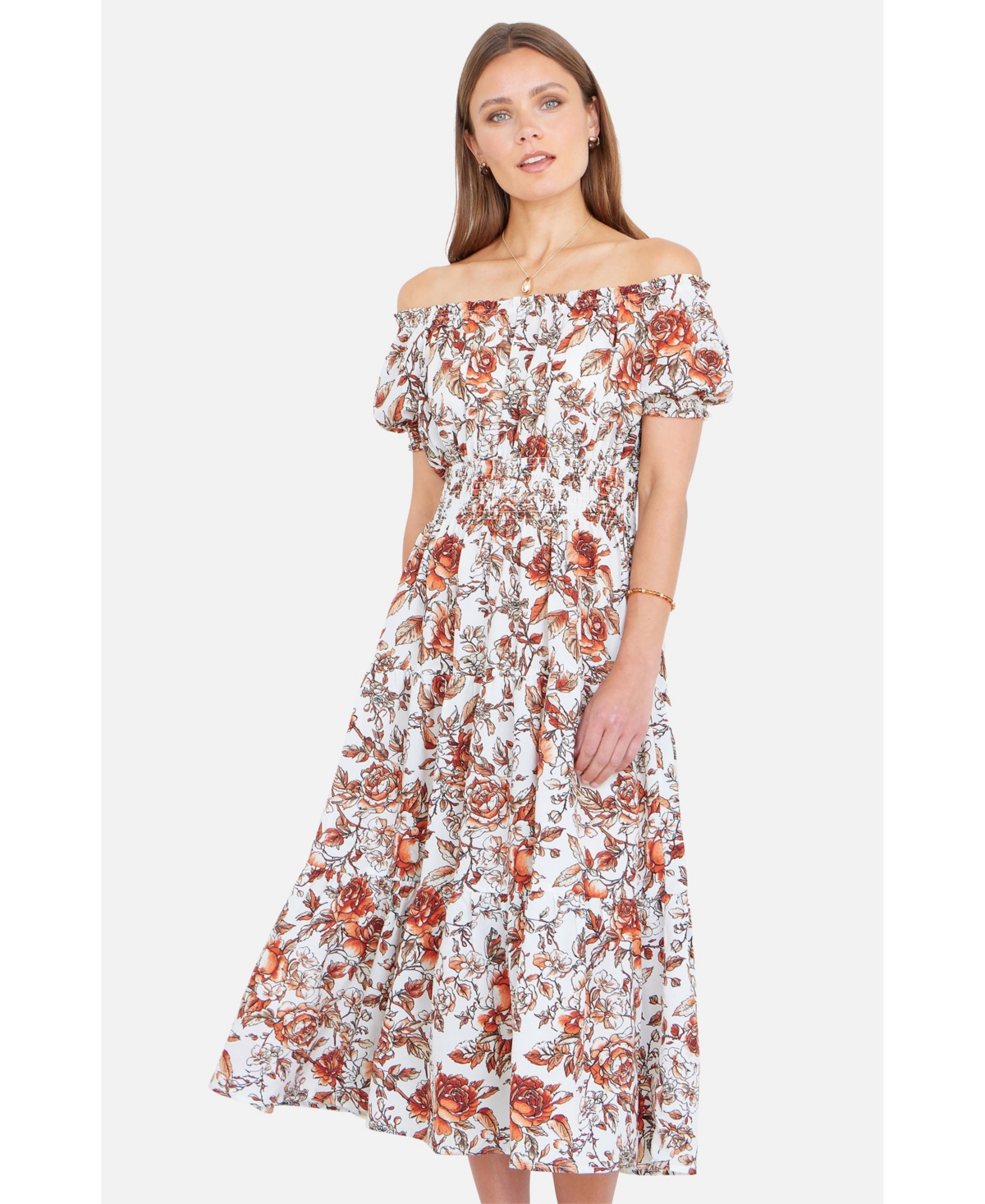 Yumi Women's Floral Ruched Waist Midi Dress