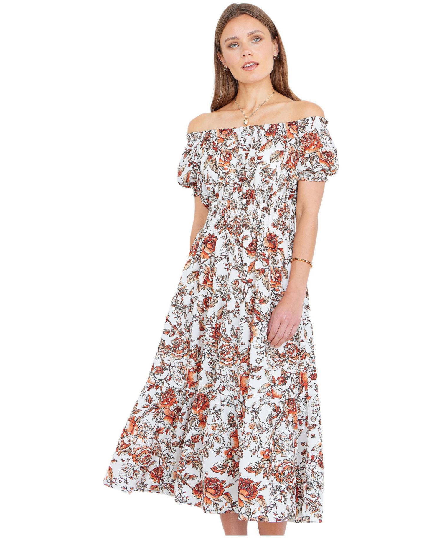 Women's Floral Ruched Waist Midi Dress