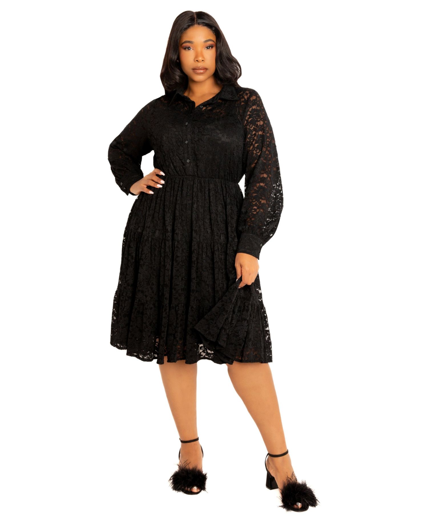 Women's Plus Size Lace Long Sleeve Tiered Shirt Dress