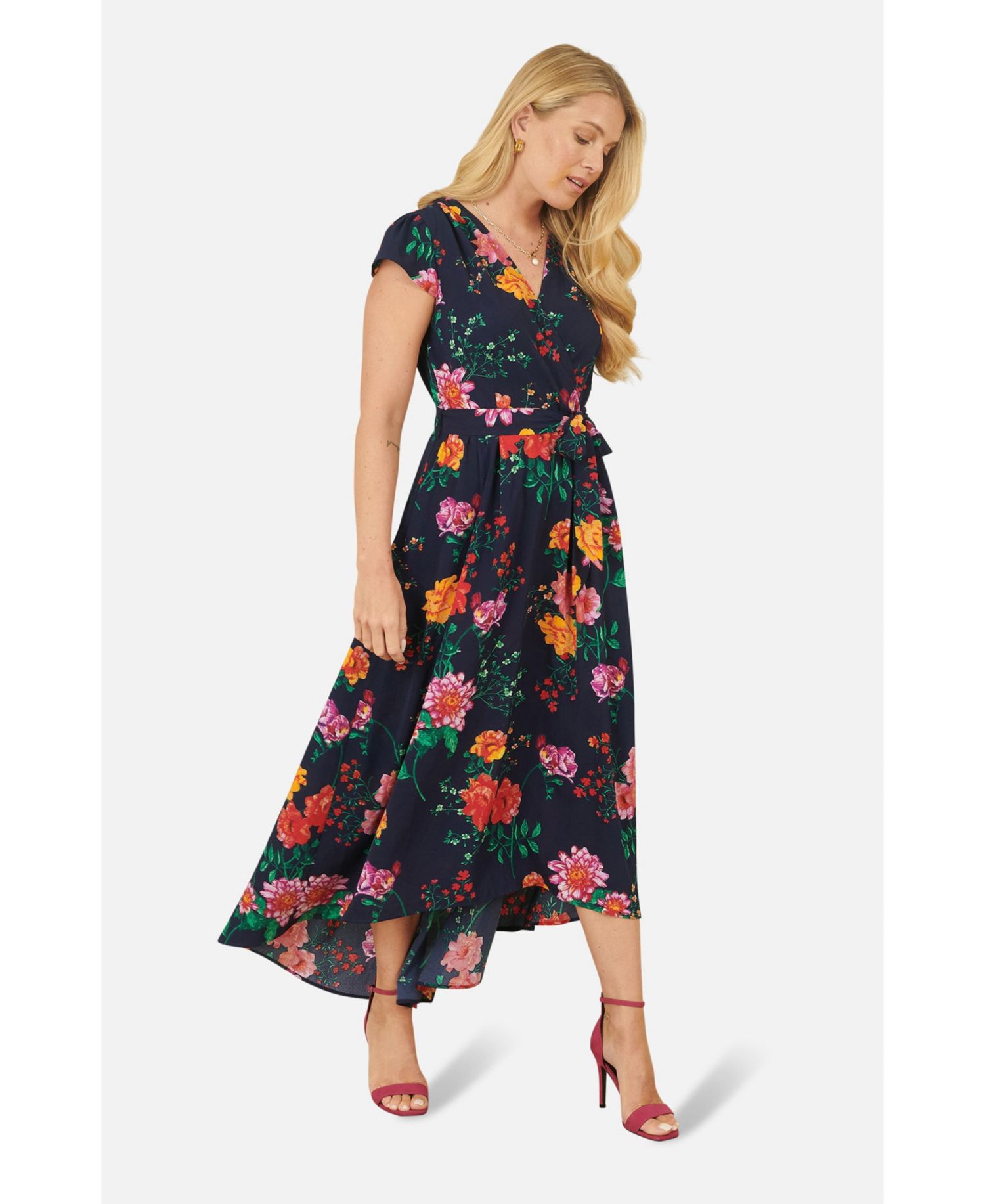 Women's Flower Print Wrap Midi Dress