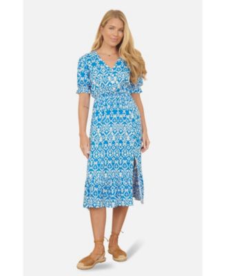 Women's Geometric Print Puff Sleeve Midi Dress