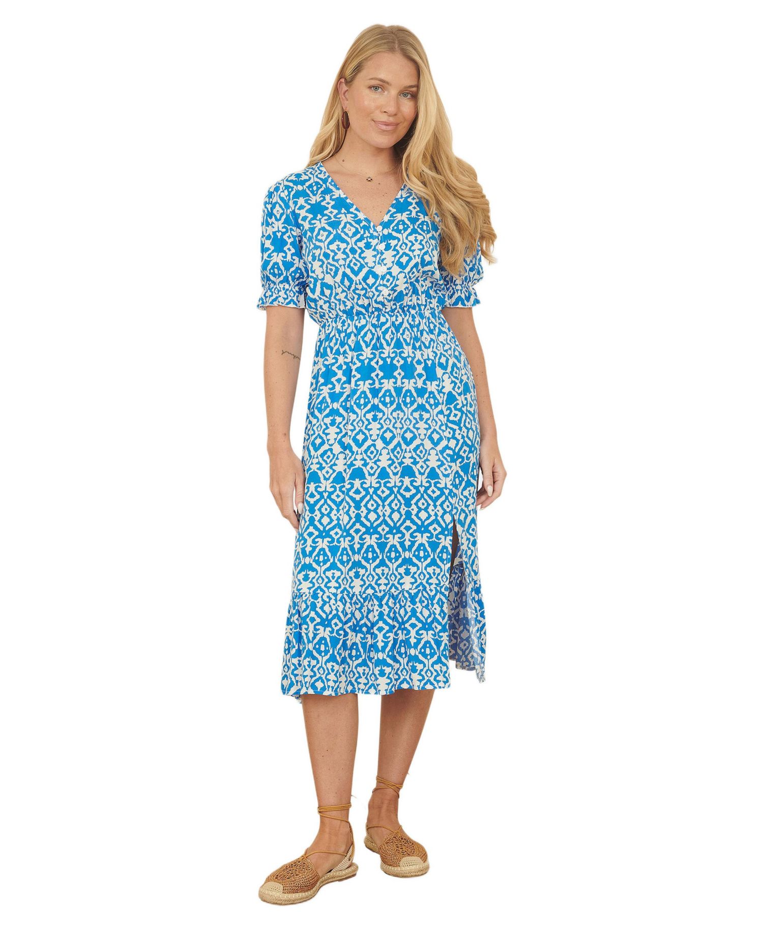 Women's Geometric Print Puff Sleeve Midi Dress