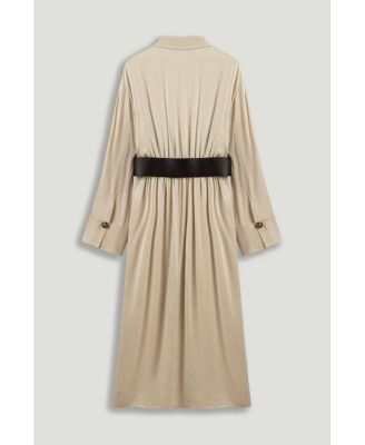 Women's Belted Draped Shirt-Collar Maxi Dress