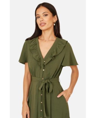 Women's Ruffle Collar Midi Shirt Dress
