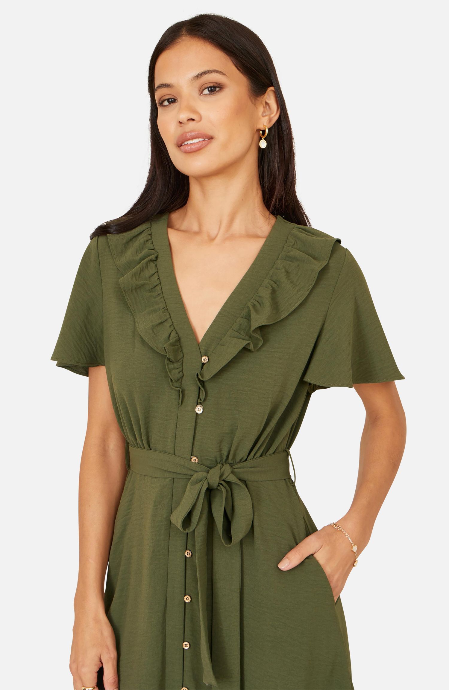 Women's Ruffle Collar Midi Shirt Dress