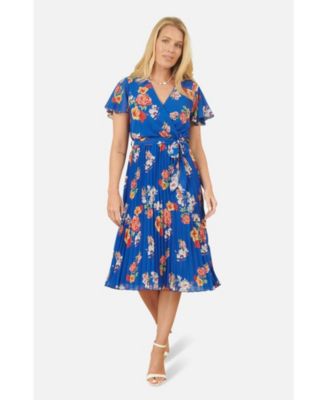Women's Pleated Floral Tie-Waist Wrap Midi Dress