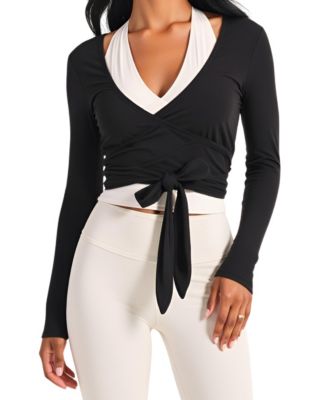 Women's Wrap Front Long Sleeve Tie-Waist Crop Top