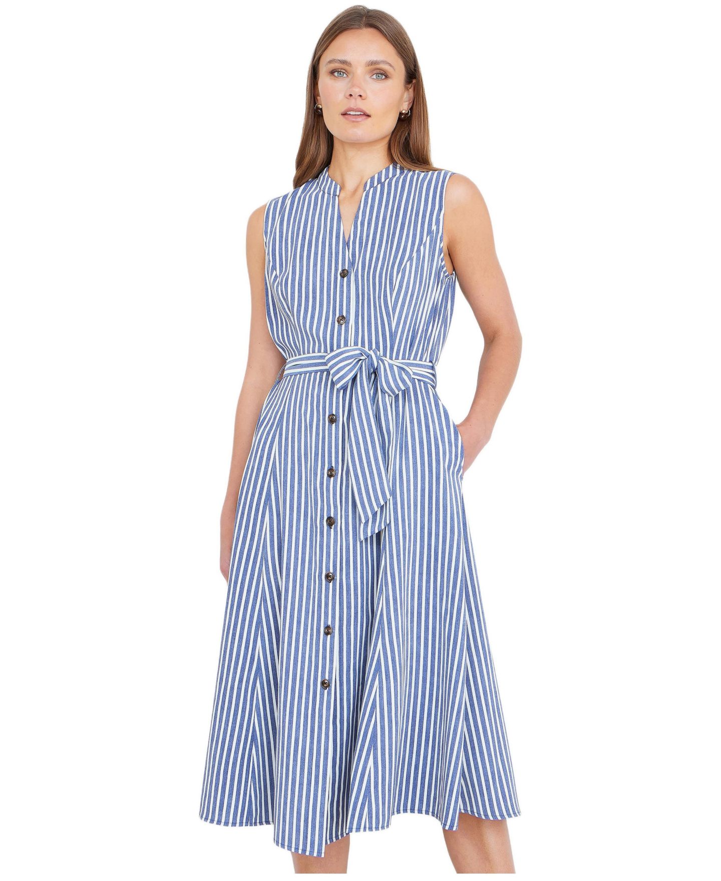 Женское платье Yumi Stripe Midi Sleeveless Shirt Dress, цвет: Тёмно-синий — фото 1