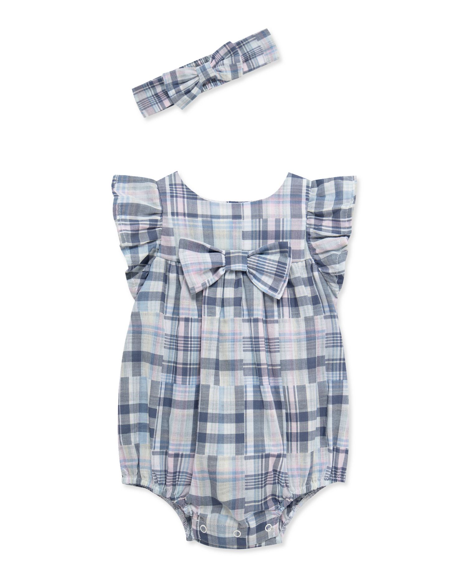 Baby Girls' Plaid Pattern 100% Cotton Bodysuit and Headband, 2-Piece Set