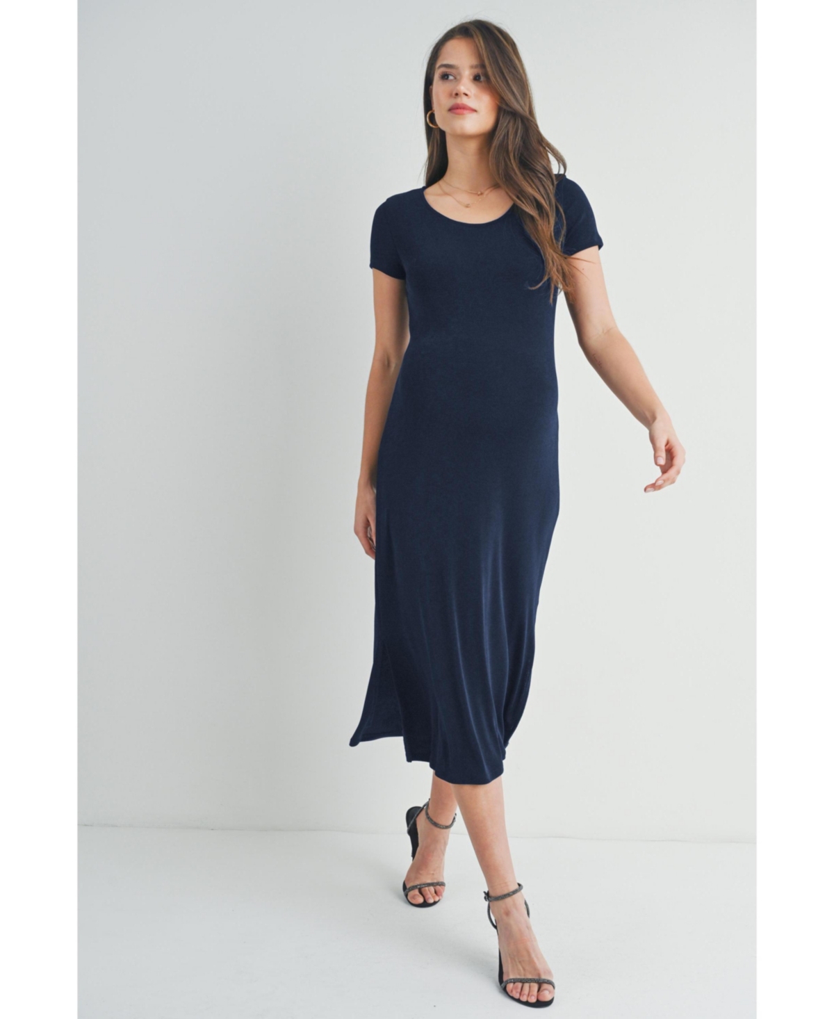 Hello Miz Maternity Scoop Neck Short Sleeve Midi Dress with Side Slit