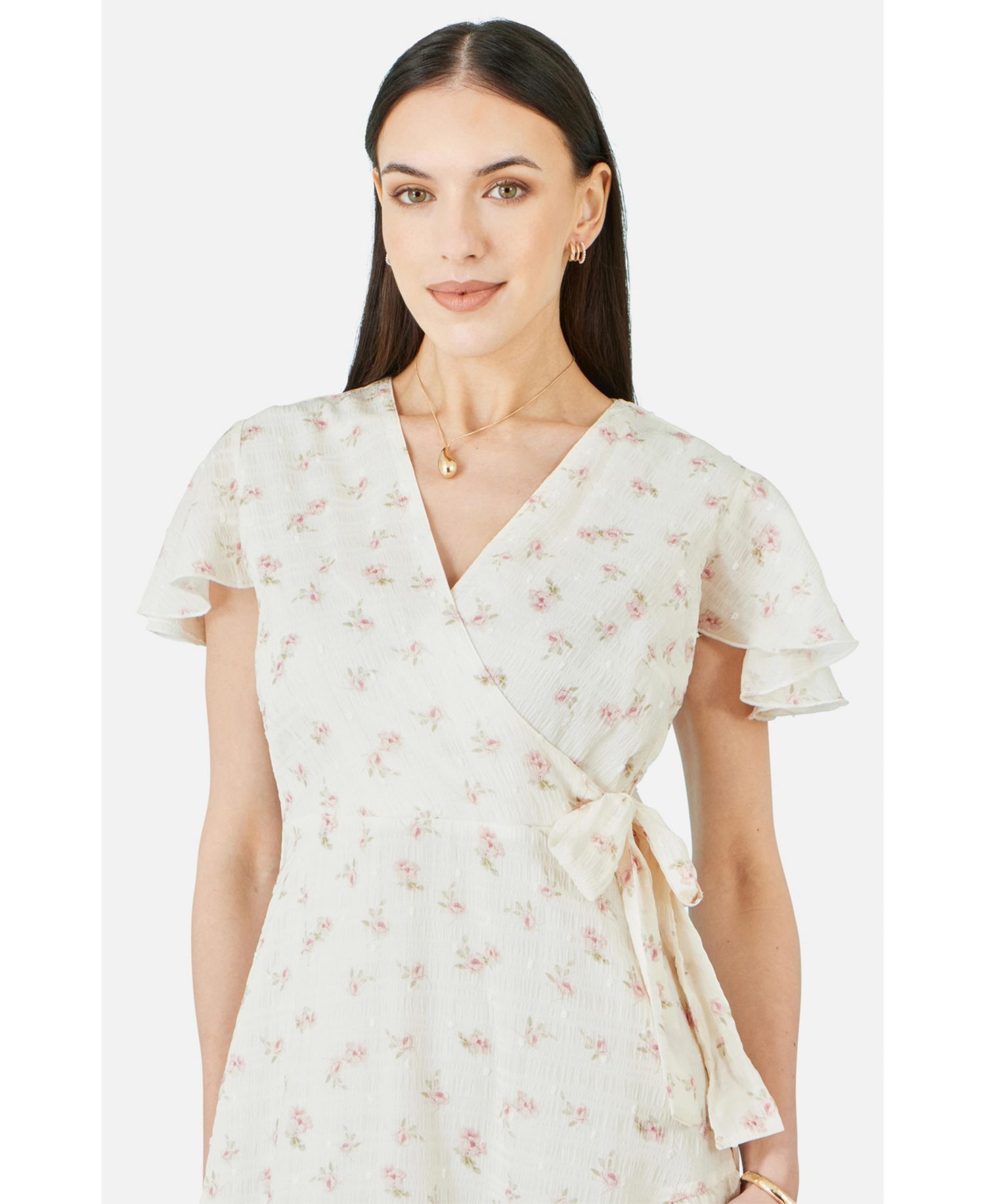 Women's Rose Print Wrap Over Frill Dress
