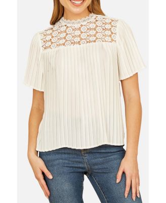 Women's Lace Panel Pleated Short Sleeve Top