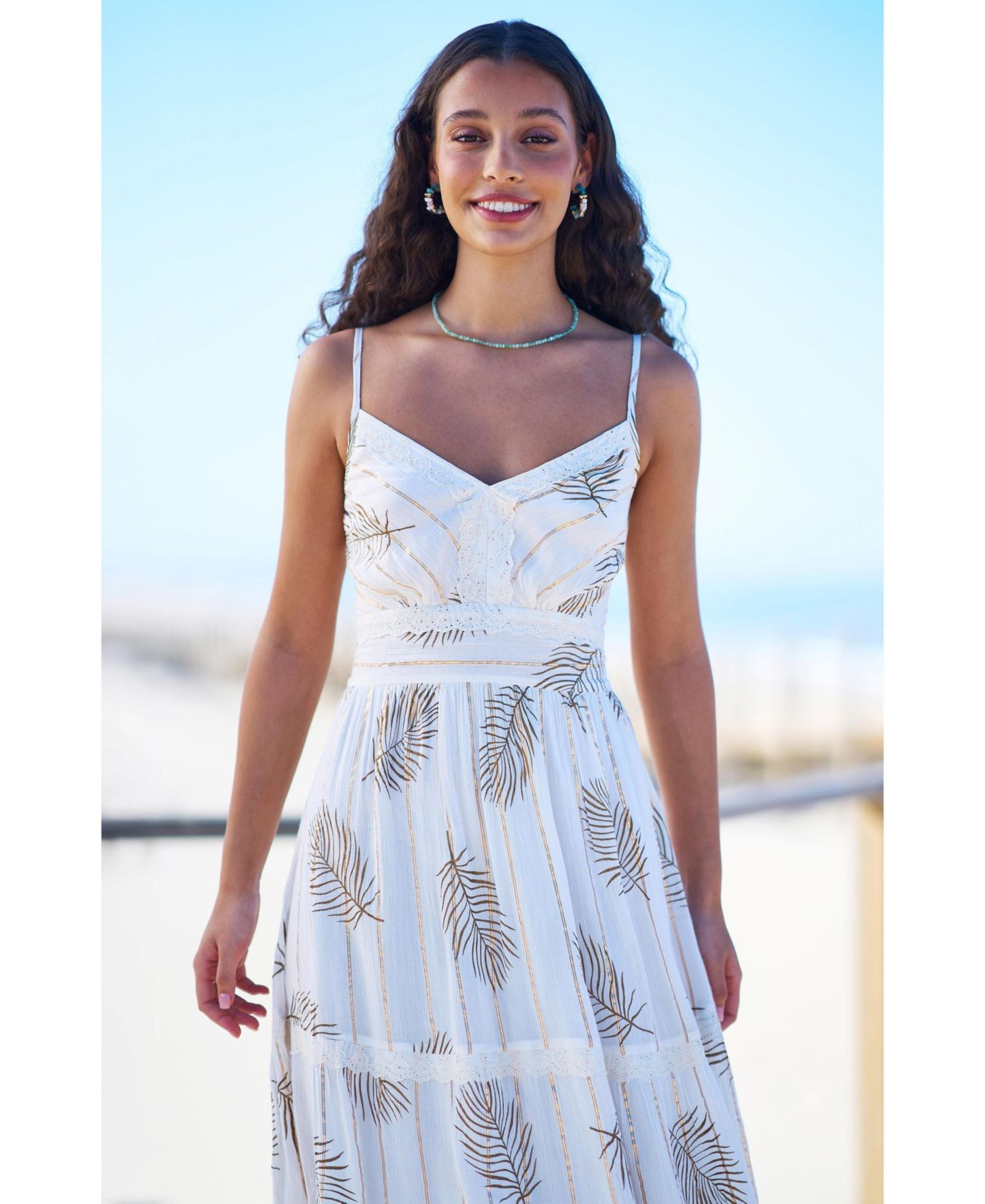 Женское платье Yumi Foil Print Lace Trim Midi Sun, цвет: Слоновая кость — фото 8