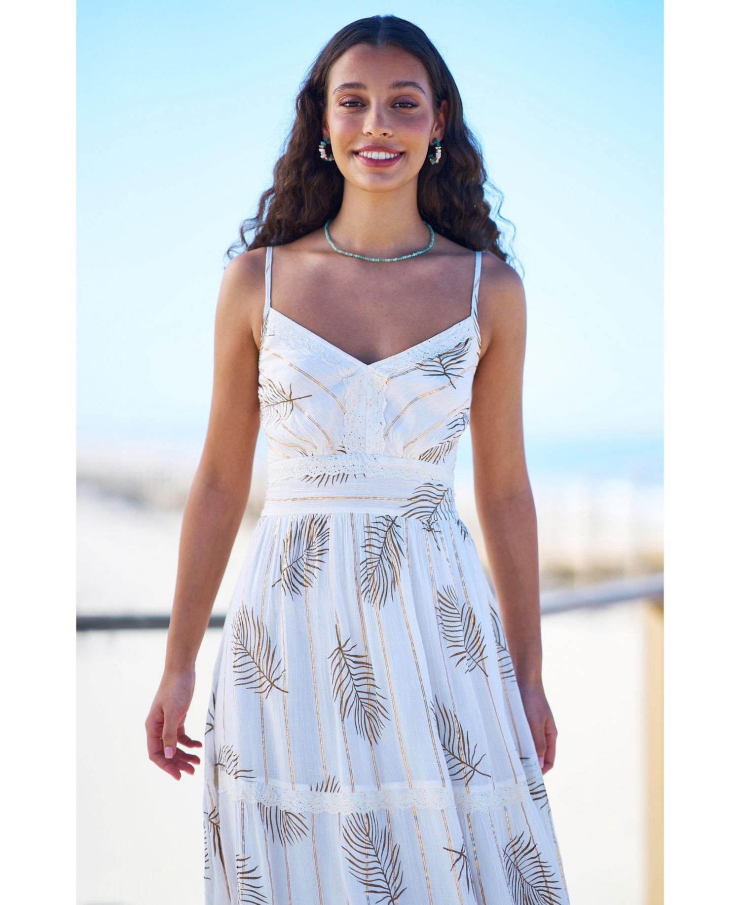 Women's Foil Print Lace Trim Midi Sun Dress