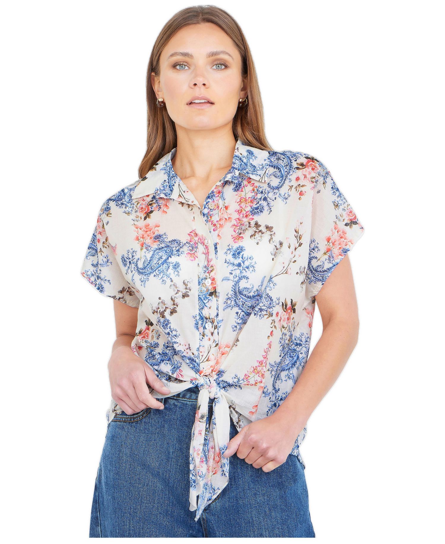 Women's Cotton Paisley Print Tie Knot Shirt
