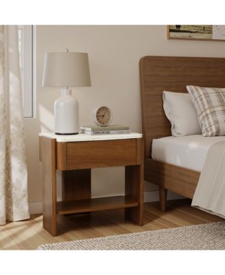 Faux Travertine Nightstand with Drawer and Open Shelf, MDF Wood Accent Side Table